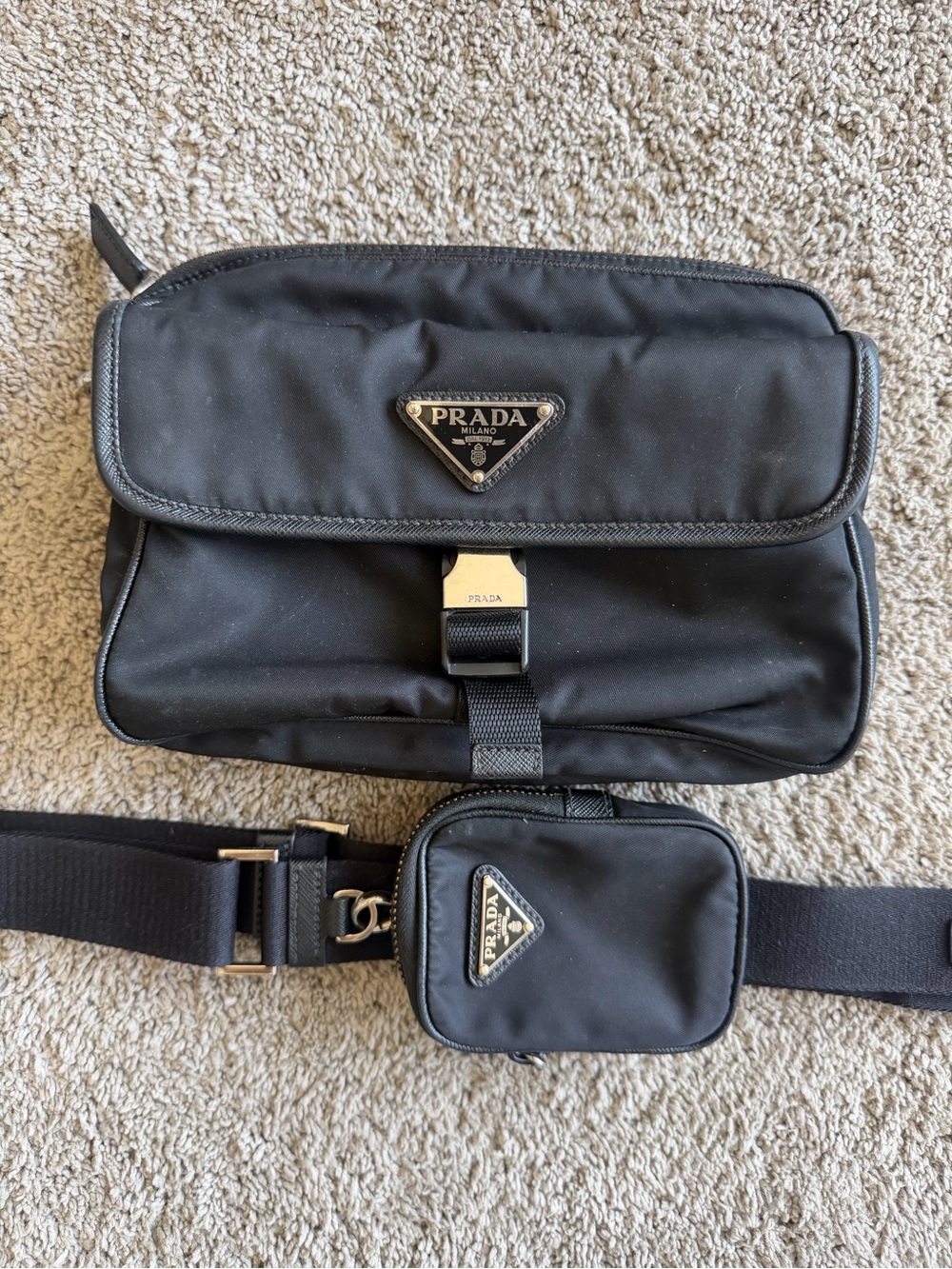 Prada Black Nylon Belt Bag with Mini Pouch